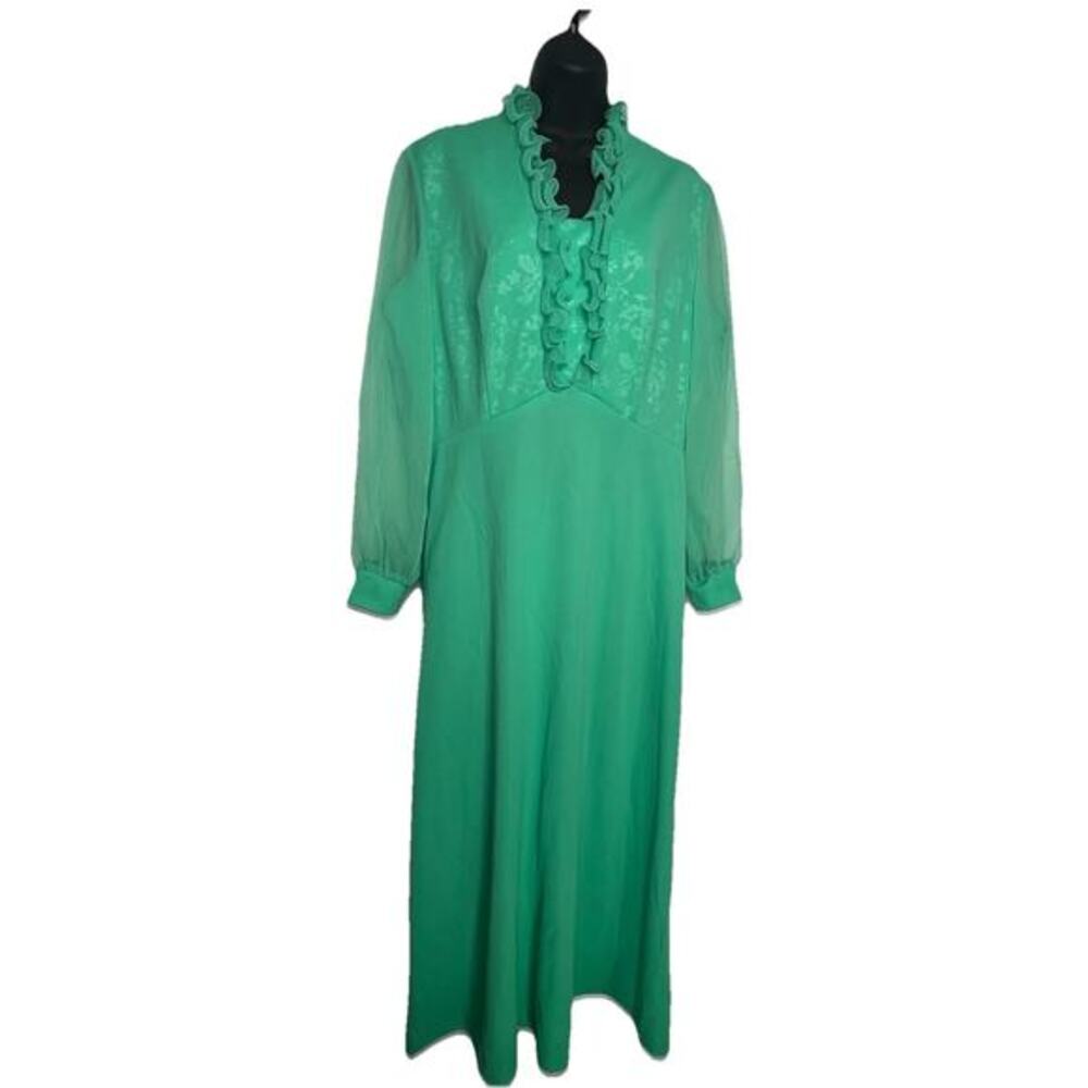 Vintage 70s Maxi Dress Ruffled Sheer Sleeves Floral Bodice Women’s Size Large - Picture 1 of 16
